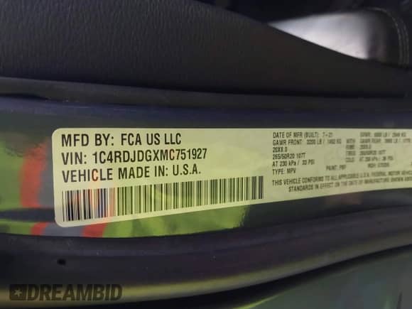 2021 Dodge Durango GT Plus with VIN 1C4RDJDGXMC751927, listed as a IAAI auction lot 43338361 with 49,218 mi miles and . Bid and sale history available at DreamBid. Image 9.