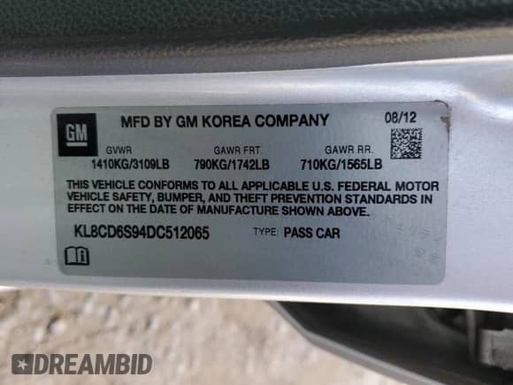 2013 Chevrolet Spark LT with VIN KL8CD6S94DC512065, listed as a Copart auction lot 82241995 with 152,771 mi miles and Salvage title. Bid and sale history available at DreamBid. Image 12.