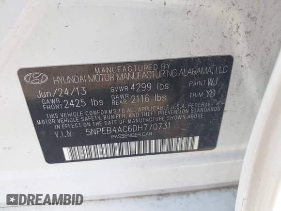 2013 Hyundai Sonata GLS with VIN 5NPEB4AC6DH770731, listed as a IAAI auction lot 42531967 with 139,300 mi miles and . Bid and sale history available at DreamBid. Image 9.