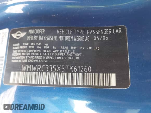 2005 MINI Hardtop с VIN WMWRC335X5TK61260, выставлен на аукционе IAAI как лот 43364075 с пробегом 64 999 миль миль и . История ставок и продаж доступна на DreamBid. Изображение 9.