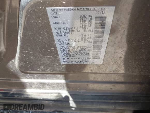 2013 Nissan Pathfinder Platinum with VIN 5N1AR2MN3DC615184, listed as a IAAI auction lot 43012751 with 201,546 mi miles and . Bid and sale history available at DreamBid. Image 9.