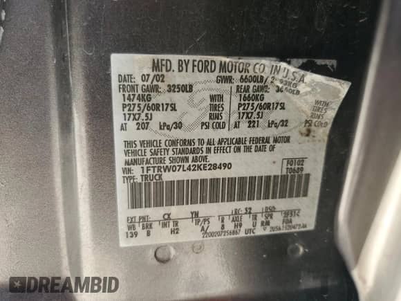 2002 Ford F-150 XLT с VIN 1FTRW07L42KE28490, выставлен на аукционе Copart как лот 90126215 с пробегом 289 777 миль миль и Списание • Salvage title. История ставок и продаж доступна на DreamBid. Изображение 12.