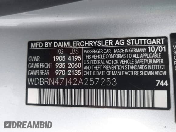 2002 Mercedes-Benz C 230/260/280/320 with VIN WDBRN47J42A257253, listed as a IAAI auction lot 43353747 with Not provided miles and . Bid and sale history available at DreamBid. Image 9.