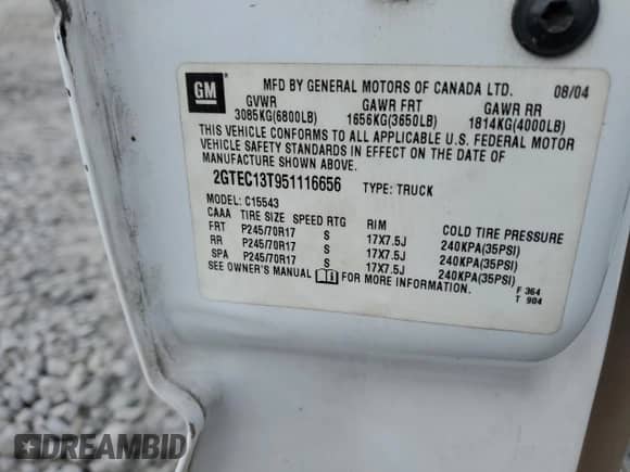 2005 GMC Sierra 1500 SLT z VIN 2GTEC13T951116656, wystawiony jako Copart lot #78486304 z przebiegiem Nie podano mil oraz Szkoda całkowita • Salvage title. Historia ofert i sprzedaży dostępna na DreamBid. Obrazek 12.