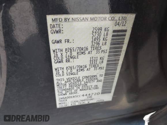 2012 Nissan Frontier SV с VIN 1N6AD0ER5CC444720, выставлен на аукционе IAAI как лот 42912526 с пробегом 97 488 миль миль и . История ставок и продаж доступна на DreamBid. Изображение 9.