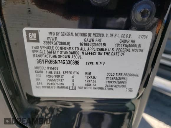 2004 Cadillac Escalade ESV z VIN 3GYFK66N74G330398, wystawiony jako Copart lot #69324385 z przebiegiem 139 475 mil mil oraz Czysty tytuł • Clean title. Historia ofert i sprzedaży dostępna na DreamBid. Obrazek 13.