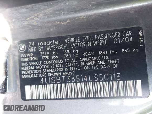 2004 BMW Z4 2.5i with VIN 4USBT33514LS50113, listed as a IAAI auction lot 42860163 with Not provided miles and . Bid and sale history available at DreamBid. Image 9.