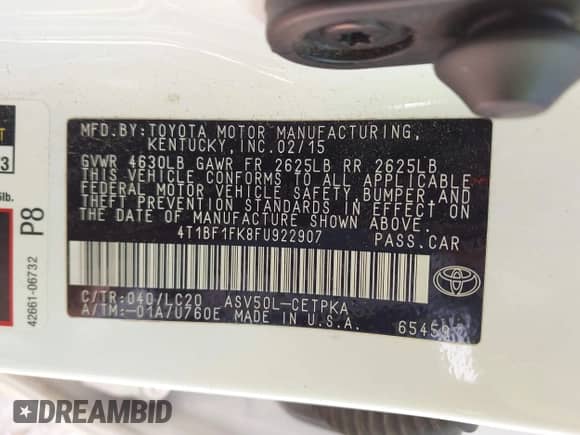 2015 Toyota Camry LE с VIN 4T1BF1FK8FU922907, выставлен на аукционе IAAI как лот 42813065 с пробегом 179 818 миль миль и . История ставок и продаж доступна на DreamBid. Изображение 9.