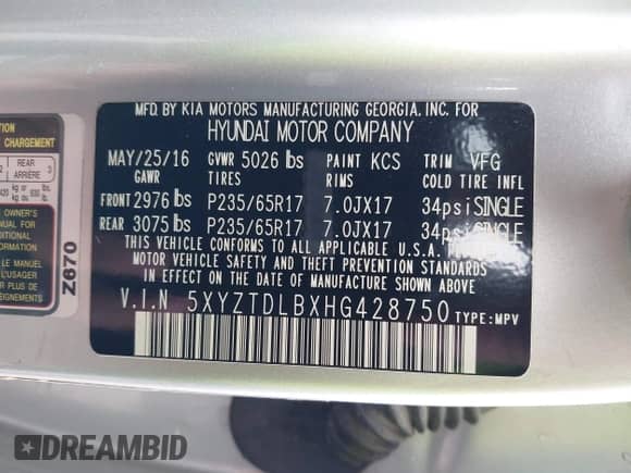 2017 Hyundai Santa Fe 2.4L with VIN 5XYZTDLBXHG428750, listed as a IAAI auction lot 43378465 with 94,314 mi miles and . Bid and sale history available at DreamBid. Image 9.