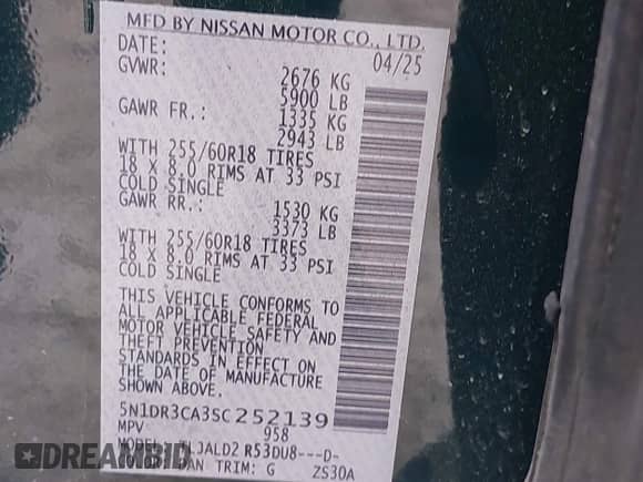 2025 Nissan Pathfinder SL с VIN 5N1DR3CA3SC252139, выставлен на аукционе IAAI как лот 43170382 с пробегом 10 730 миль миль и . История ставок и продаж доступна на DreamBid. Изображение 9.