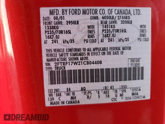 2001 Ford F-150 XL z VIN 2FTRF17W21CB04408, wystawiony jako Copart lot #79872124 z przebiegiem 82 773 mil mil oraz Szkoda całkowita • Salvage title. Historia ofert i sprzedaży dostępna na DreamBid. Obrazek 12.