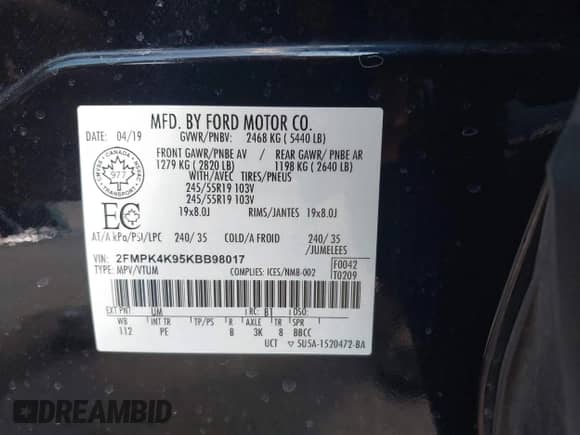 2019 Ford Edge Titanium with VIN 2FMPK4K95KBB98017, listed as a IAAI auction lot 42989891 with 52,133 mi miles and . Bid and sale history available at DreamBid. Image 9.