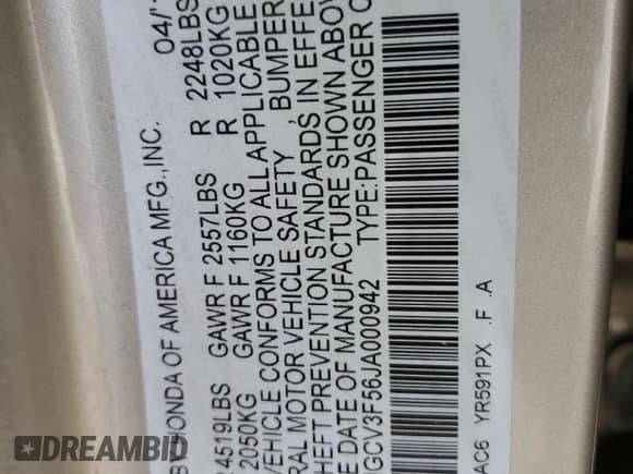 2018 Honda Accord EX-L z VIN 1HGCV3F56JA000942, wystawiony jako Copart lot #80125845 z przebiegiem 113 412 mil mil oraz Szkoda całkowita • Salvage title. Historia ofert i sprzedaży dostępna na DreamBid. Obrazek 12.