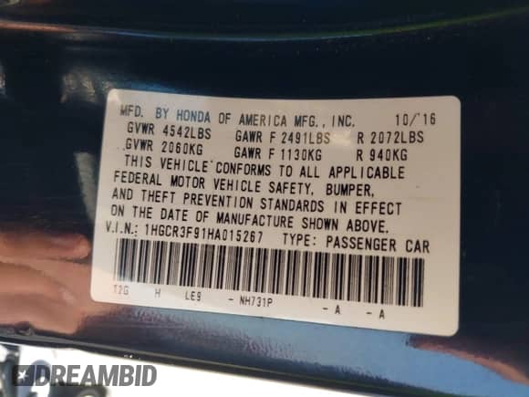 2017 Honda Accord Touring with VIN 1HGCR3F91HA015267, listed as a IAAI auction lot 42383290 with Not provided miles and . Bid and sale history available at DreamBid. Image 9.