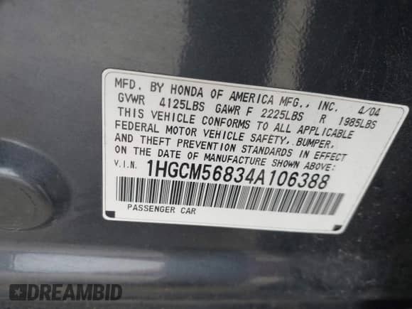 2004 Honda Accord EX with VIN 1HGCM56834A106388, listed as a IAAI auction lot 43452627 with 326,382 mi miles and . Bid and sale history available at DreamBid. Image 9.