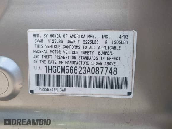 2003 Honda Accord EX with VIN 1HGCM56623A087748, listed as a IAAI auction lot 43475293 with 193,000 mi miles and . Bid and sale history available at DreamBid. Image 9.