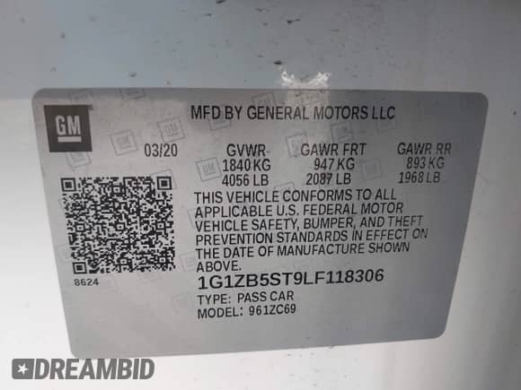 2020 Chevrolet Malibu LS with VIN 1G1ZB5ST9LF118306, listed as a IAAI auction lot 42548405 with 56,562 mi miles and . Bid and sale history available at DreamBid. Image 9.