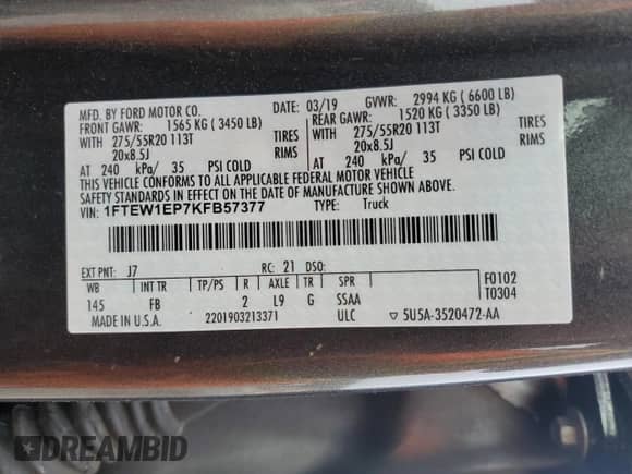 2019 Ford F-150 XLT with VIN 1FTEW1EP7KFB57377, listed as a Copart auction lot 82239695 with Not provided miles and Salvage title. Bid and sale history available at DreamBid. Image 12.