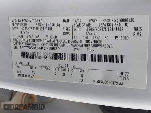 2019 Ford F-250 XL with VIN 1FT7W2A64KEF09039, listed as a IAAI auction lot 42276282 with 168,341 mi miles and . Bid and sale history available at DreamBid. Image 9.