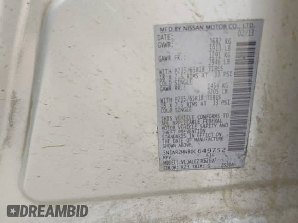 2013 Nissan Pathfinder SL z VIN 5N1AR2MN8DC649752, wystawiony jako IAAI lot #42045745 z przebiegiem 181 931 mil mil oraz . Historia ofert i sprzedaży dostępna na DreamBid. Obrazek 9.