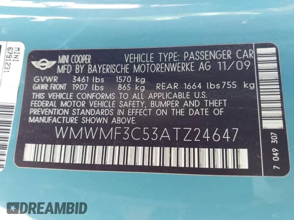 2010 MINI Hardtop with VIN WMWMF3C53ATZ24647, listed as a IAAI auction lot 43400088 with 150,866 mi miles and . Bid and sale history available at DreamBid. Image 9.