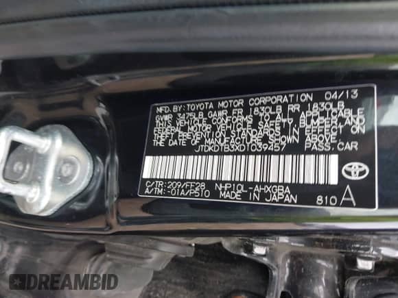 2013 Toyota Prius One with VIN JTDKDTB3XD1039457, listed as a IAAI auction lot 43297851 with 139,403 mi miles and . Bid and sale history available at DreamBid. Image 9.