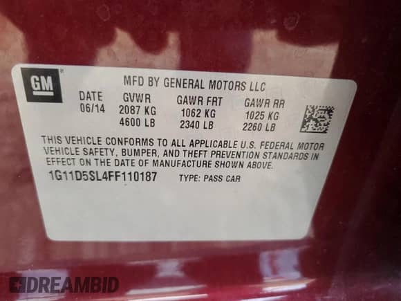 2015 Chevrolet Malibu LT with VIN 1G11D5SL4FF110187, listed as a Copart auction lot 68973225 with 197,128 mi miles and Salvage title. Bid and sale history available at DreamBid. Image 12.