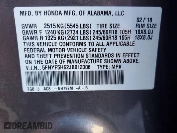 2018 Honda Pilot EX-L with VIN 5FNYF5H62JB012306, listed as a Copart auction lot 80686964 with 187,430 mi miles and Salvage title. Bid and sale history available at DreamBid. Image 13.