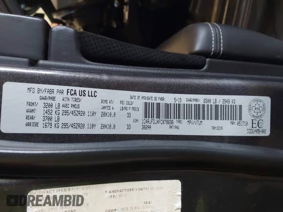 2015 Jeep Grand Cherokee SRT with VIN 1C4RJFDJXFC878696, listed as a IAAI auction lot 42666454 with 125,955 mi miles and . Bid and sale history available at DreamBid. Image 9.