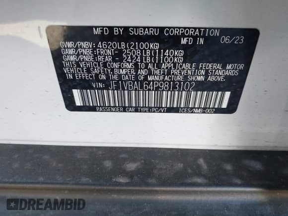 2023 Subaru WRX Limited with VIN JF1VBAL64P9813102, listed as a IAAI auction lot 41938119 with 26,020 mi miles and . Bid and sale history available at DreamBid. Image 9.