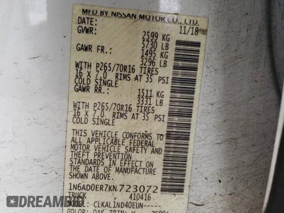 2019 Nissan Frontier S with VIN 1N6AD0ER7KN723072, listed as a Copart auction lot 49481755 with 105,890 mi miles and Salvage title. Bid and sale history available at DreamBid. Image 14.