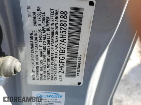 2010 Honda Civic with VIN 2HGFG1B27AH528188, listed as a Copart auction lot 87949685 with 162,484 mi miles and Salvage title. Bid and sale history available at DreamBid. Image 12.