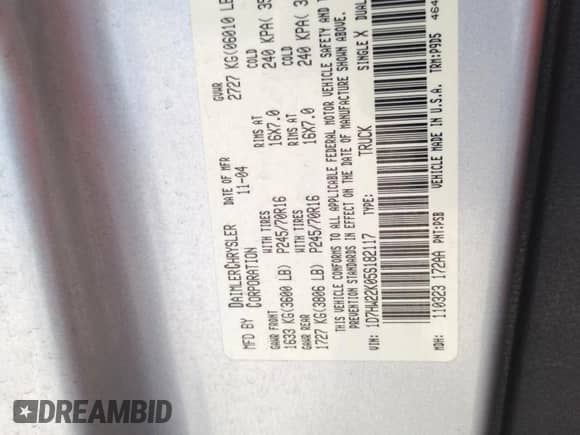 2005 Dodge Dakota ST with VIN 1D7HW22K05S182117, listed as a Copart auction lot 63505505 with 159,477 mi miles and Salvage title. Bid and sale history available at DreamBid. Image 12.