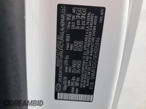 2024 Hyundai Santa Fe Limited z VIN 5NMP3DG11RH005846, wystawiony jako Copart lot #85413394 z przebiegiem 1 980 mil mil oraz Szkoda całkowita • Salvage title. Historia ofert i sprzedaży dostępna na DreamBid. Obrazek 13.