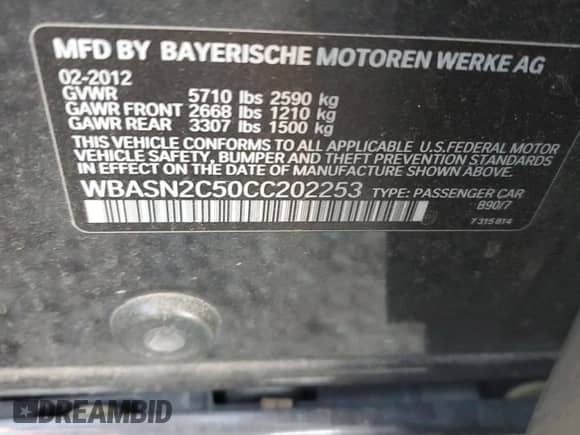 2012 BMW 5 Series 535i Gran Turismo with VIN WBASN2C50CC202253, listed as a Copart auction lot 71292524 with Not provided miles and Salvage title. Bid and sale history available at DreamBid. Image 13.