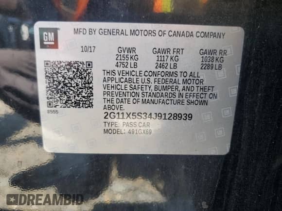 2018 Chevrolet Impala LS с VIN 2G11X5S34J9128939, выставлен на аукционе Copart как лот 63840325 с пробегом 202 163 миль миль и Списание • Salvage title. История ставок и продаж доступна на DreamBid. Изображение 12.