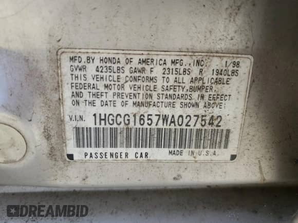 1998 Honda Accord EX with VIN 1HGCG1657WA027542, listed as a Copart auction lot 71193074 with 223,064 mi miles and Salvage title. Bid and sale history available at DreamBid. Image 13.