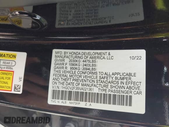 2022 Honda Accord Sport z VIN 1HGCV2F35NA021361, wystawiony jako IAAI lot #43045660 z przebiegiem 48 359 mil mil oraz . Historia ofert i sprzedaży dostępna na DreamBid. Obrazek 9.