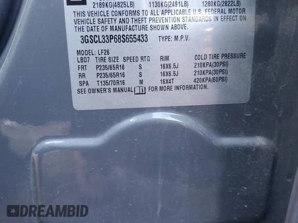 2008 Saturn VUE XE with VIN 3GSCL33P68S655433, listed as a Copart auction lot 80950774 with Not provided miles and Salvage title. Bid and sale history available at DreamBid. Image 13.