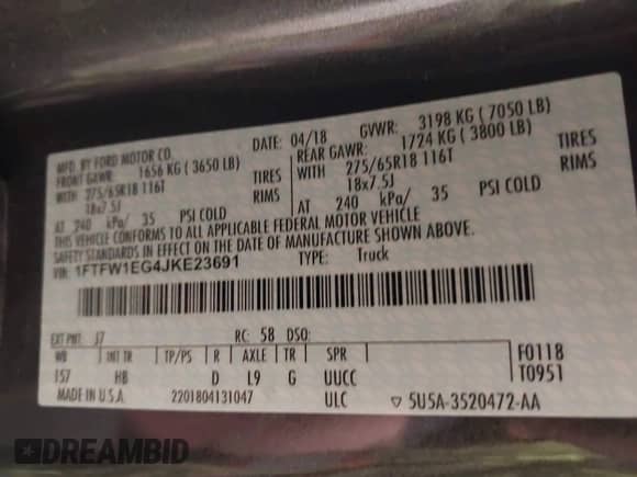 2018 Ford F-150 XL z VIN 1FTFW1EG4JKE23691, wystawiony jako IAAI lot #43305217 z przebiegiem 158 956 mil mil oraz . Historia ofert i sprzedaży dostępna na DreamBid. Obrazek 9.