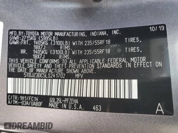 2020 Toyota Sienna LE with VIN 5TDJZ3DC5LS241702, listed as a Copart auction lot 59013815 with 49,087 mi miles and Salvage title. Bid and sale history available at DreamBid. Image 14.