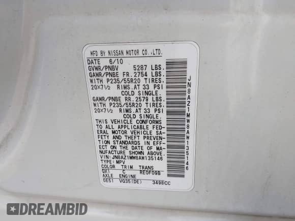 2010 Nissan Murano SL with VIN JN8AZ1MW8AW135146, listed as a IAAI auction lot 42462869 with 198,921 mi miles and . Bid and sale history available at DreamBid. Image 9.