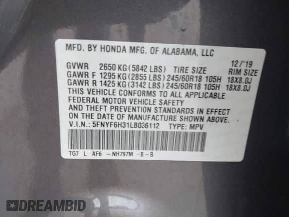 2020 Honda Pilot EX с VIN 5FNYF6H31LB036112, выставлен на аукционе IAAI как лот 42706090 с пробегом 72 383 миль миль и . История ставок и продаж доступна на DreamBid. Изображение 9.