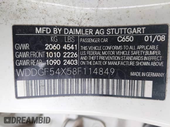 2008 Mercedes-Benz C 300 Sport with VIN WDDGF54X58F114849, listed as a IAAI auction lot 42980632 with 173,203 mi miles and . Bid and sale history available at DreamBid. Image 9.
