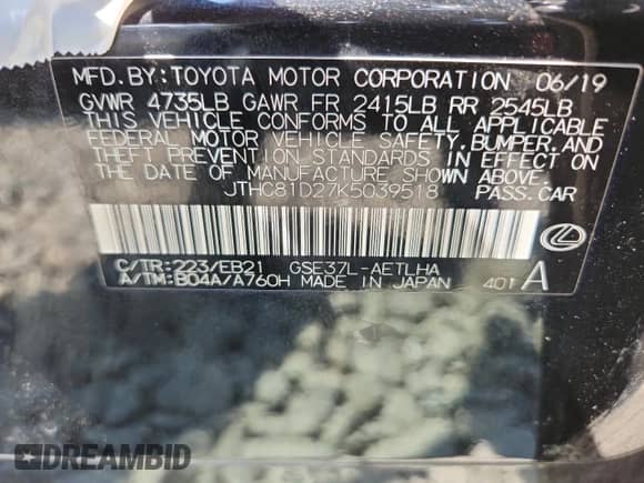 2019 Lexus IS 300 z VIN JTHC81D27K5039518, wystawiony jako Copart lot #66122405 z przebiegiem 53 760 mil mil oraz Szkoda całkowita • Salvage title. Historia ofert i sprzedaży dostępna na DreamBid. Obrazek 13.