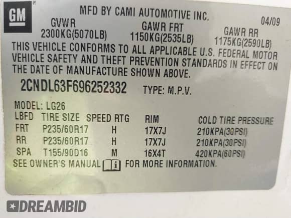 2009 Chevrolet Equinox 2LT с VIN 2CNDL63F696252332, выставлен на аукционе IAAI как лот 41336535 с пробегом 192 820 миль миль и . История ставок и продаж доступна на DreamBid. Изображение 9.