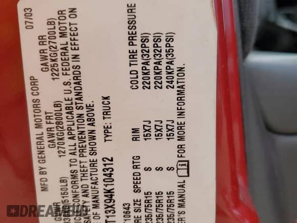 2004 Chevrolet S-10 LS с VIN 1GCDT13X94K104312, выставлен на аукционе Copart как лот 49689265 с пробегом 124 377 миль миль и Списание • Salvage title. История ставок и продаж доступна на DreamBid. Изображение 14.