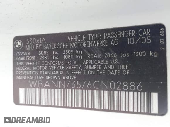 2006 BMW 5 Series 530xi с VIN WBANN73576CN02886, выставлен на аукционе IAAI как лот 43076711 с пробегом 203 533 миль миль и . История ставок и продаж доступна на DreamBid. Изображение 9.