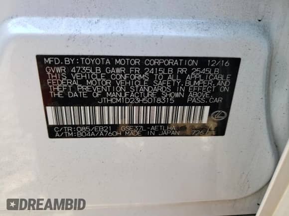 2017 Lexus IS 300 с VIN JTHCM1D23H5018315, выставлен на аукционе Copart как лот 76665123 с пробегом 67 836 миль миль и На запчасти • Non repairable. История ставок и продаж доступна на DreamBid. Изображение 12.