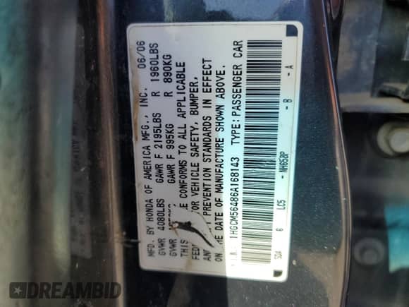 2006 Honda Accord LX с VIN 1HGCM56486A168143, выставлен на аукционе Copart как лот 80754345 с пробегом 222 390 миль миль и Чистый • Clean title. История ставок и продаж доступна на DreamBid. Изображение 12.